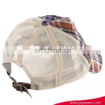 Fashion Plaid Mesh Trucker Baseball Cap With Leather Buckle