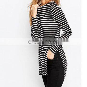 Round neck woman cotton stripe t-shirt in long sleeves with split