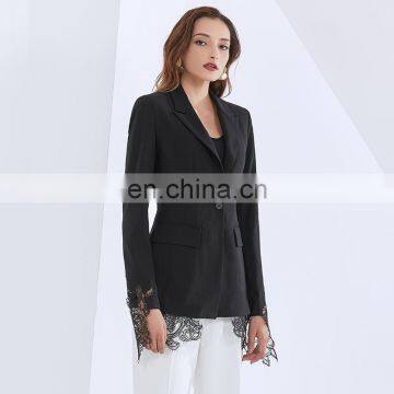 TWOTWINSTYLE Casual Patchwork Lace Blazer For Women Notched Long Sleeve Black Blazers photo-4