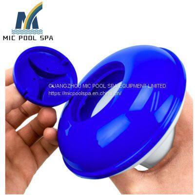 Floating chemical plastic dispenser for swimming pool and swimming pool equipment