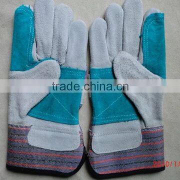 Cheap cow split leather mechanical double green palm working gloves