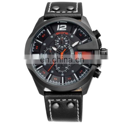 Skone 9430EG Waterproof Leather Strap Analog Calendar Men Watches Fashion Casual Sport Quartz Male Chronograph Wristwatch