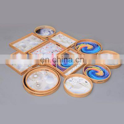 Custom Restaurant Kitchen Chinese 3D Painted Color Round Wood bardia Tray