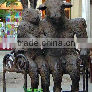 Bronze abstract rabbit wife and bull husband statue