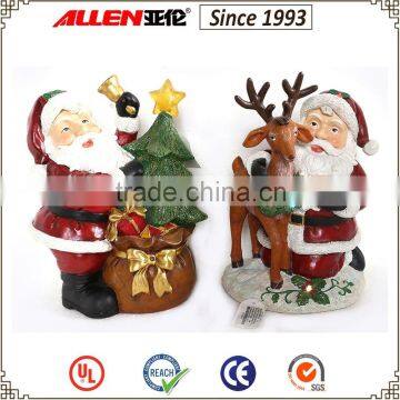 12.6" led Santa figurine with gift sack and reindeer, polyresin led Santa statue