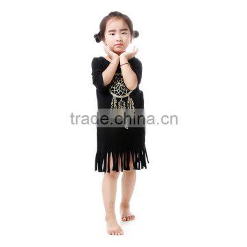 Hot Sale Kids Clothing Wholesale Girls Black Fringe Dress Kids Cotton Frocks