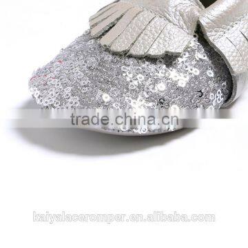Silver Sequin Charcoal Fringe Baby Leather Moccasins,Toddler Leather Baby Shoes photo-4