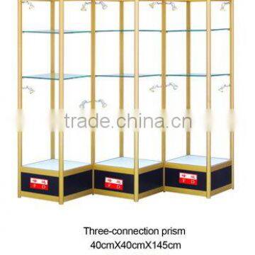 Three-connection prism aluminuim showcase whrite glass display cabinet