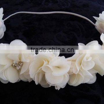 Ivory Flower Crown Headband,Wedding Chiffon Flower Elastic Headband,Bridal Headband