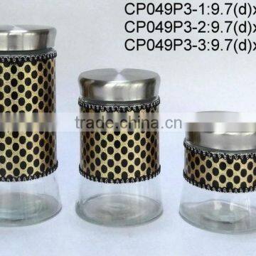 CP049P3 round glass jar with leather coating