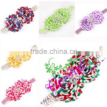 High Quality Girl Headband With Two Flowers Crown Center Chevron Chiffon Elastic Headbands