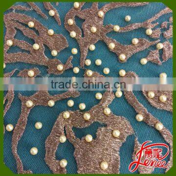 Gold Thread Mesh Embroidery Fabric with Handmade Pearl Decoration For Wedding Dress