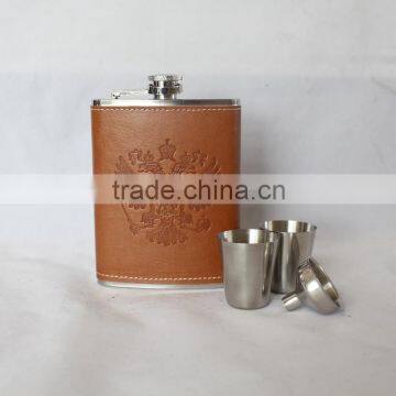 hot sale 8oz stainless steell hip flaask with leather covered and embossed logo