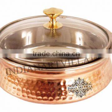 IndianArtVilla Handmade Steel Copper Casserole With Glass Lid 700 ML - Serving Indian Food Home Hotel Restaurant Tableware Gift