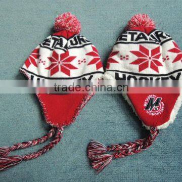 Winter Knitted Earflap Hat with Ball Top Snowflake Pattern