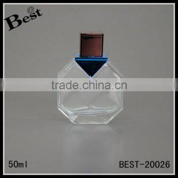 cosmetic clear 50ml glass perfume bottle octagon bottle glass with blue aluminum top and brown aluminum cap china suppliers