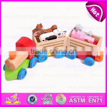 Kid's intelligence Wooden pull along train toy with animal blocks W05C019