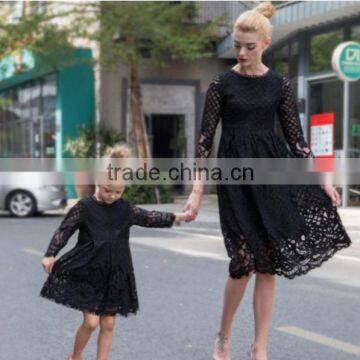 Ready sale 2017 girl child women matching dress lace hollow out long sleeve dresses