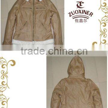 Ladies fur lining padding leather jacket with hood