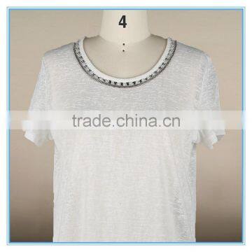 Fashion Woman Korean Lace Linen Fabric Blouse Beaded Neck Design photo-4