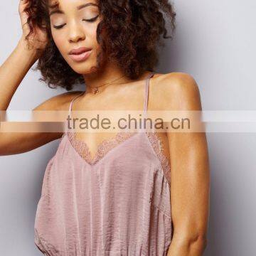 Women Casual Fit Satin Pajamas Set With Elasticated Waist Pink Sateen Lace Trim Playsuit V Neck photo-5