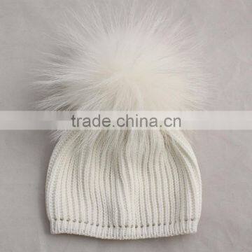 Myfur Baby Knitted Beanie Hat With Removable White Raccoon Fur Pom Poms Wholesale