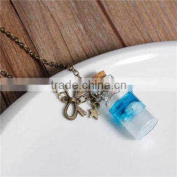 Antique Bronze Bowknot Drift Bottle Shaped Pendant Transparent With Dried Flower & Shell Glass Bottle Locket Necklace photo-2