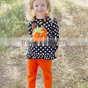 Wholesale Polka Dots Pumpkin Embroidery Fall Child Clothes