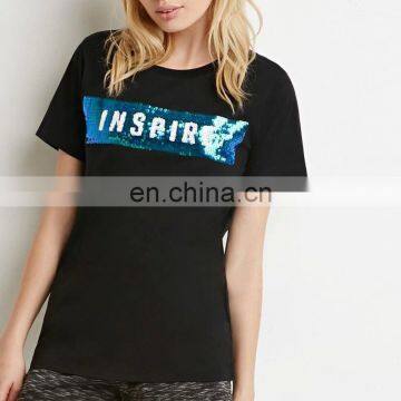 Wholesale Branded Fashion Paillette Letter Pattern Sequin T-shirt Black Plain O-Neck Collar T-shirt