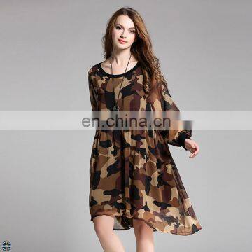 T-D085 Cheap Plus Size Club Long Sleeve Casual Print Camo Chiffon Women Dress