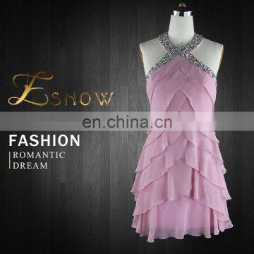 2016 High Quality Halter Sleeveless Beaded Layered Prom Dress for Girls