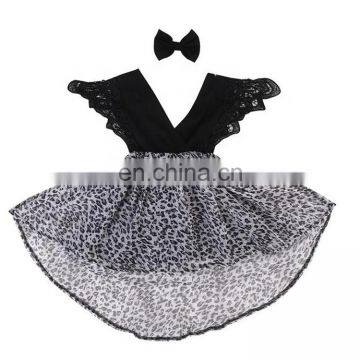 Fashion Summer Kids Outfit Petal Sleeve Baby Girls Party Wear Dresses Toddler Infant Leopard Romper Dress Headband Set photo-2