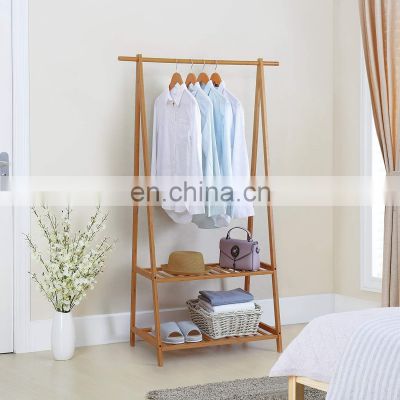 Finnhomy Bamboo Clothes Rack Portable Extra Large Garment Rack 2-Tire Storage Box Shelves for Entryway and Bed Room