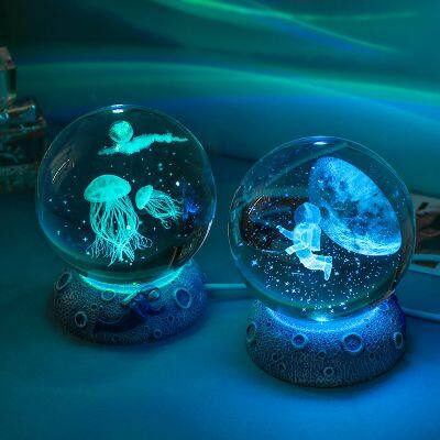 3D 6/8cm Led Laser Carved Crystal Ball jellyfish dolphin starfish whale shell LED Night Light Home Bedroom Decorative Table Lamp