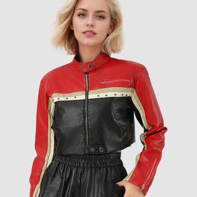 2025 Internet Red Block Spliced PU Leather Waist-exposed Cool Women's Leather Jacket Customization photo-3