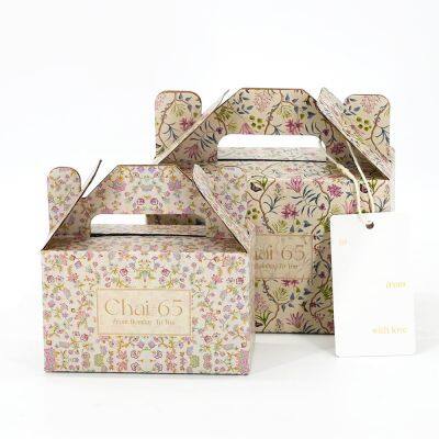 Custom Floral Printed Gable Boxes Handle Gift Packaging for Tea, Pastry & Candles