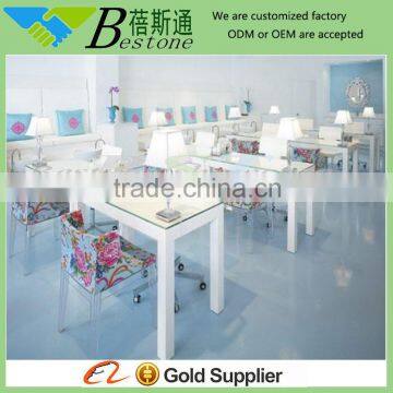 Glass top pure white nail bar tables, nail art table