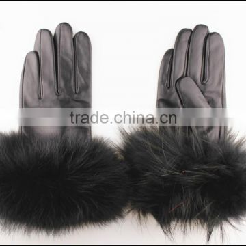 Ladies leahter gloves with rex rabbit fur trim