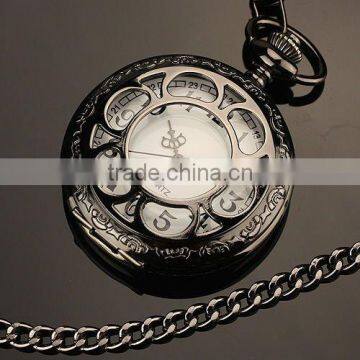 WP055 New Mens Black Stainless Steel Case White Dial Antique Pocket Watch with Chain