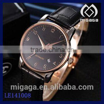 Black genuine leather band men's automatic self winding watch