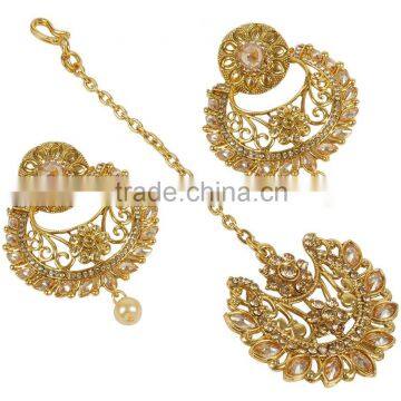 Indian Antique Gold Plated Drop Earrings With Tikka Set For Girls & Women