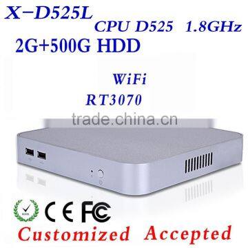 The cheapest INTEL D525 2g ram 500g hdd Mini PC business PC Fanless Design support VGA mini pc thin client