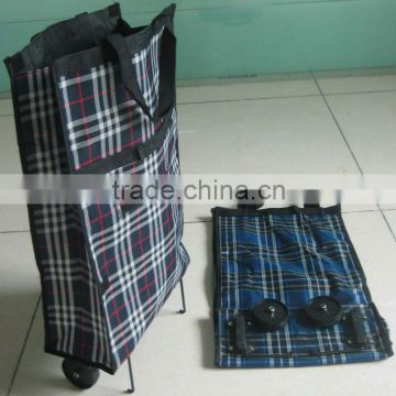 Foldable shopping bag on wheels.