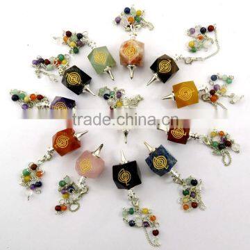 Mix Gemstones Cho Ku Rei Engraved Hexagonal Pendulum With Chakra Chain