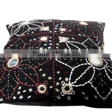 RTHCC-70 Star Floral Home Decorative Black Khambadiya Stylish Mirror Work Embroidered Cotton cushion covers New Year Christmas