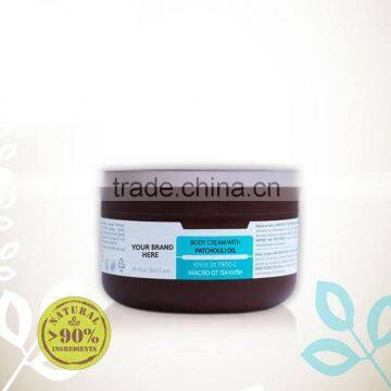 Body Cream With Patchouli Essential Oil, Natural Cosmetic Product - 300 ml. Private Label Available. Made in EU