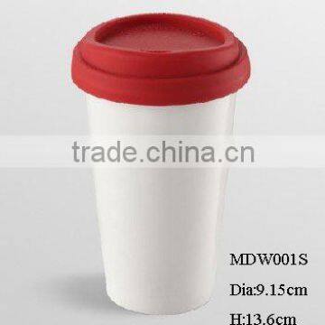 Eco-friendly reusable double wall porcelain thermal mug w/ silicone lid glossy finish 10oz