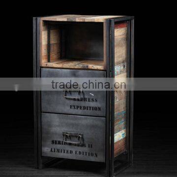 2 Drawers Metal Legs Wood Top Vintage Drawer Cabinet photo-2