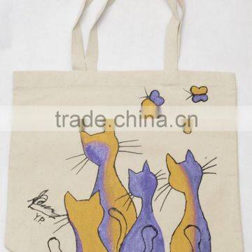 Promotional Cheap Hand Painted Cotton Canvas Shoulder Bags/Wholesale Custom Design Cute Cats Canvas Tote Shopping Bags photo-2