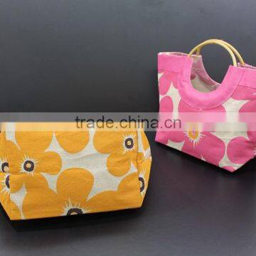 Designer Floral Print Juco Beach Bag With Wooden Cane Handle photo-5